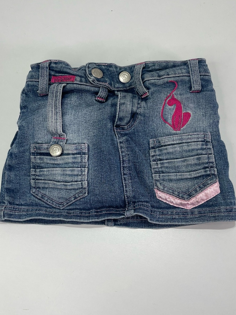 Y2K Kids Denim Cargo Mini Skort Fairy Grunge Girls 4 Embroidered Logo All Over